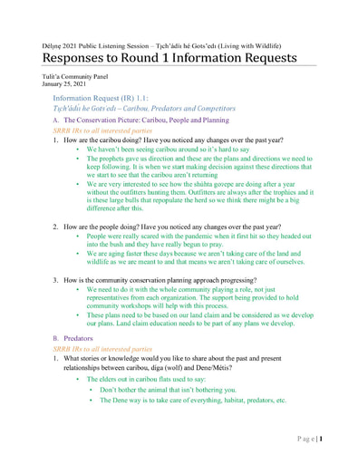 21-01-25 Tulı́t'a Community Panel - Délı̨nę 2021 Round 1 Responses to IRs