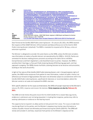 21-02-01 Colville 2020 Public Listening - GNWT-ENR Minister response to SRRB Report and Reasons for Decision