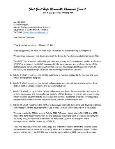 21-04-10 FGHRRC Letter to Shane Thompson re Dehla Got'ine Community Conservation Plan